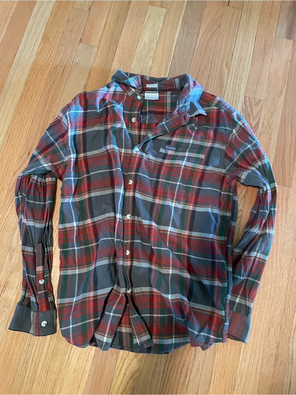 Columbia Plaid Button-Down Shirt in Red, Green & Gray